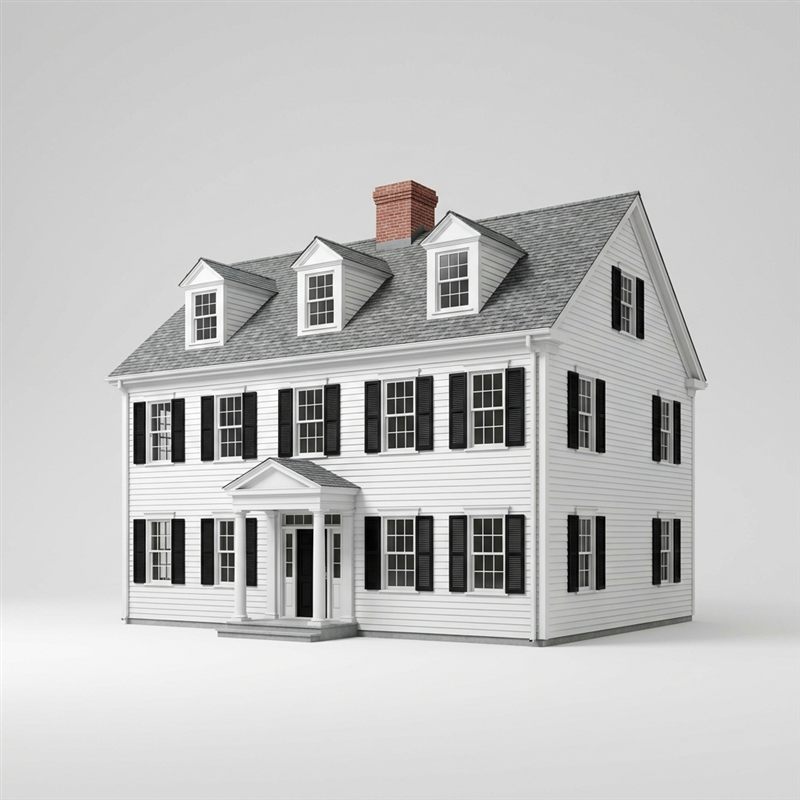 AI-generated photoreal New England Colonial house — white clapboard, black shutters, columned portico, three dormers